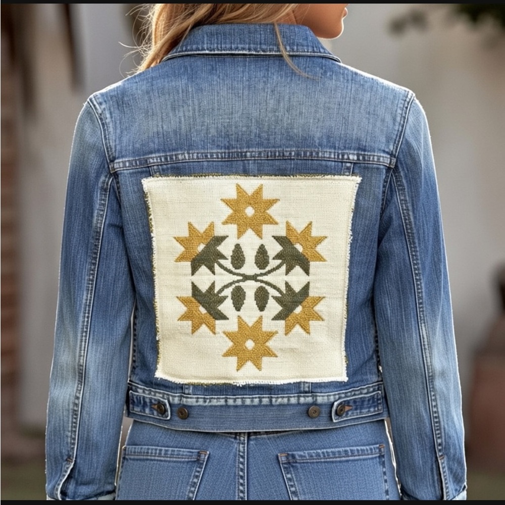 BKE Upcycled Denim Jacket Pineapple Appliqué Size S